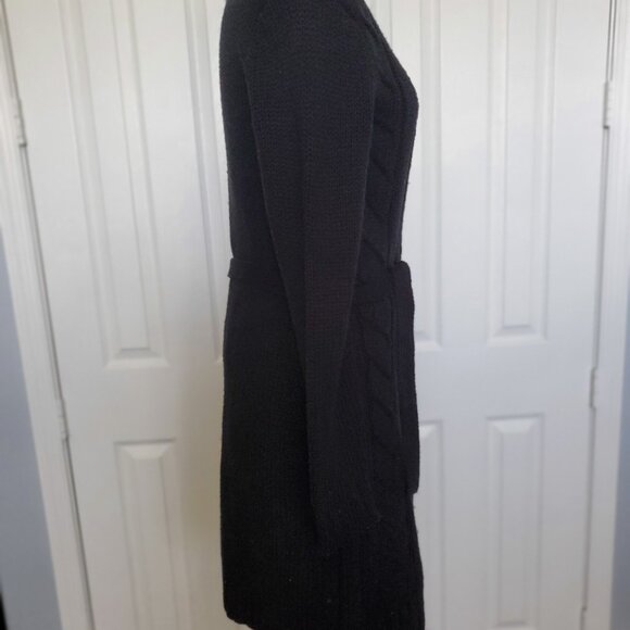 New York & Co - Cable Long Sleeve Tie Waist Cardigan Seater Coat Black - Picture 6 of 7